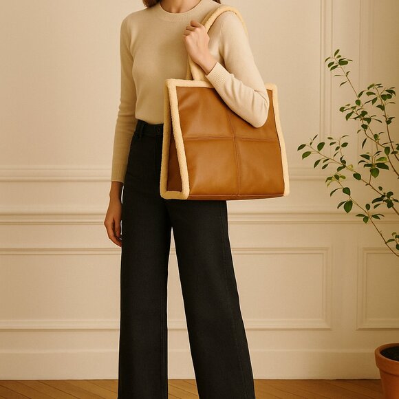 Sondra Roberts Quilted Shopper with Shearling Trim in Caramel NWOT - Picture 8 of 8